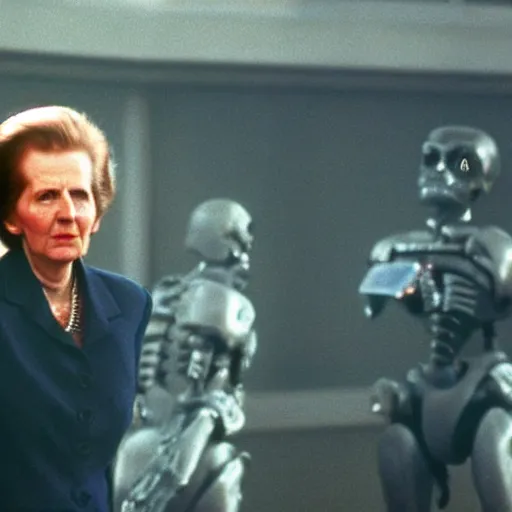 Prompt: A still of Margaret Thatcher as the Terminator in Terminator 2: Judgement Day (1991)