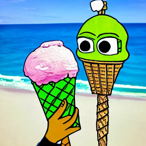 Prompt: pepe the frog enjoying his day on the beach with an ice cream cone in his hand, cartoon style