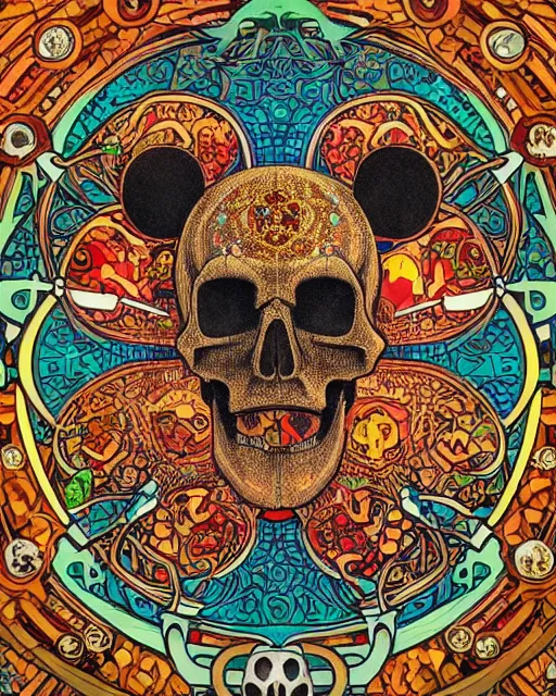 Image similar to mickey mouse skull carving art, background are varities of superhot chili peppers, cell shading, voronoi, fibonacci sequence, sacred geometry by Alphonse Mucha, hiroshi yoshida, Art Nouveau, colorful, ultradetailed, vivid colour, 3d