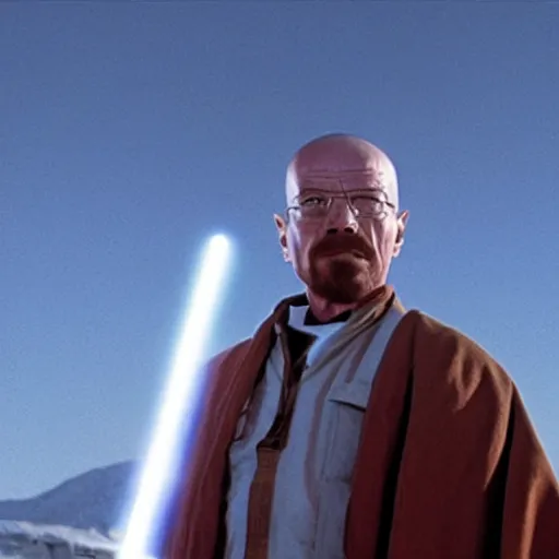 Image similar to A still of Walter White in Star Wars: A New Hope, holding an activated lightsaber