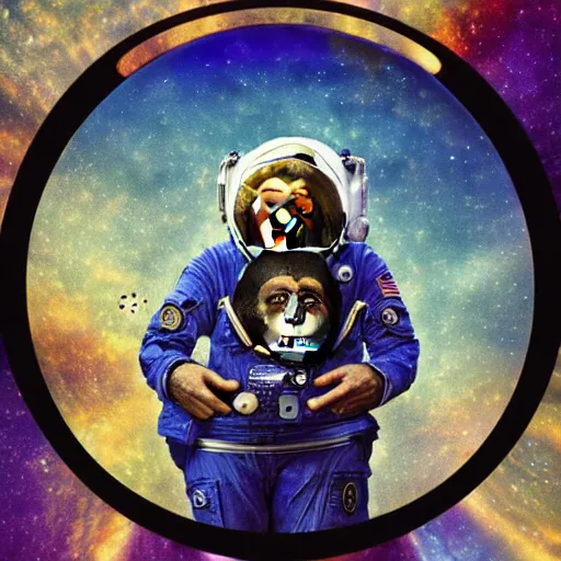 Image similar to double exposure portrait of astronaut and a chimpanzee astronaut with space and time in the the background by davinci, circles, psychedelic, pencil art, fibonaci sequence, dynamic lighting stars, sharpness, golden ratio