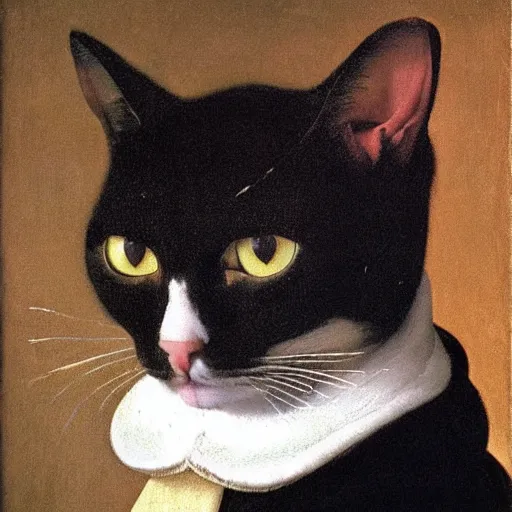 Prompt: portrait of a cat in a tuxedo by jan vermeer