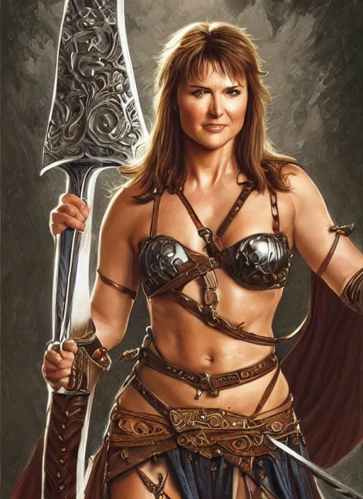 Image similar to Lucy Lawless as Xena as a ruggedly handsome hero holding an enormous large dual wielding sword, intricate, elegant, highly detailed, centered, digital painting, artstation, concept art, smooth, sharp focus, illustration, artgerm, donato giancola, Joseph Christian Leyendecker, WLOP, Boris Vallejo, Artgerm