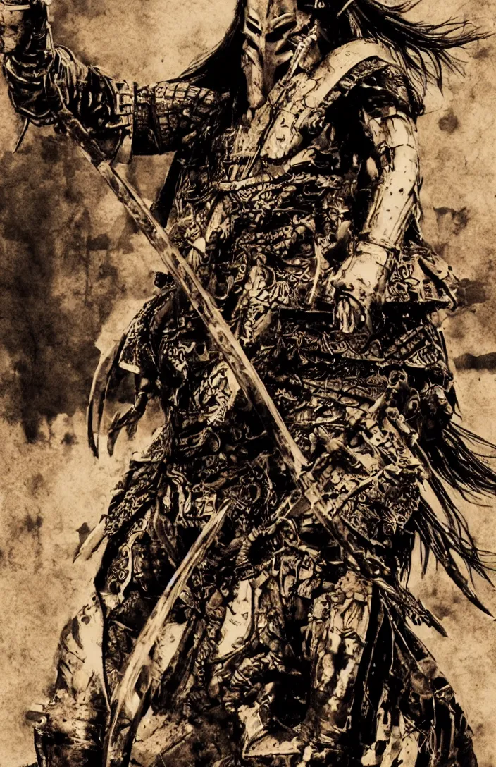 Prompt: movie film poster art for samurai vs predator film shot in feudal japan staring hiroyuki sanada as a disgraced ronin who hunts down the predator after he fails to protect his master from it. in the style of ansel adams, reynold brown, h. r. geiger.