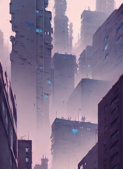 Prompt: highly detailed matte painting, of a 3 d calligraphy graffiti tag light eroding grey walls highrise buildings, by atey ghailan, by greg rutkowski, by greg tocchini, by james gilleard, by joe fenton, by kaethe butcher, pink, brown, light blue and white mystical color scheme, grunge aesthetic, octane render