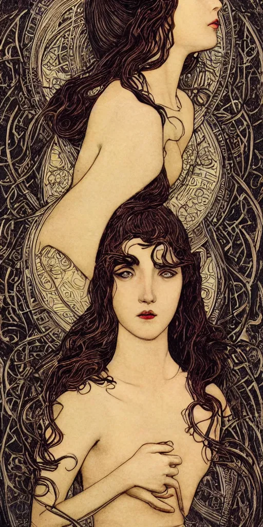 Image similar to goddess, masterpiece , cinematic, powerful, moon beams dramatic light, highly, intricate elements, hollow souls, detailed, digital painting, artstation, concept art, sharp focus, illustration, dynamic art by Raphael Kirchner and Margaret Macdonald Mackintosh and Mitch Foust, john waterhouse