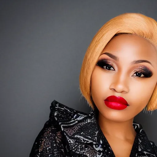 Prompt: headshot photo of a black female with blonde hair and deep red lips, intricate, elegant, highly detailed, award winning, smooth, sharp focus