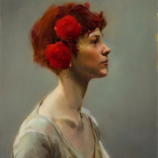 Prompt: profile of a girl with red hair, holding flowers joseph todorovitch