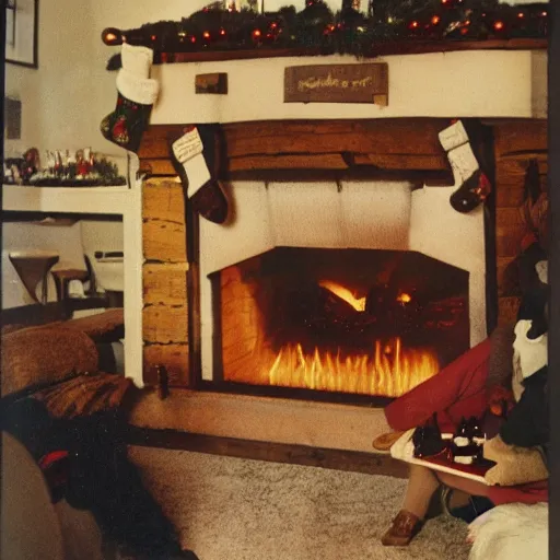 Image similar to Christmas 1985, drunk at christmas lunch, mountain chalet, fireplace, cozy