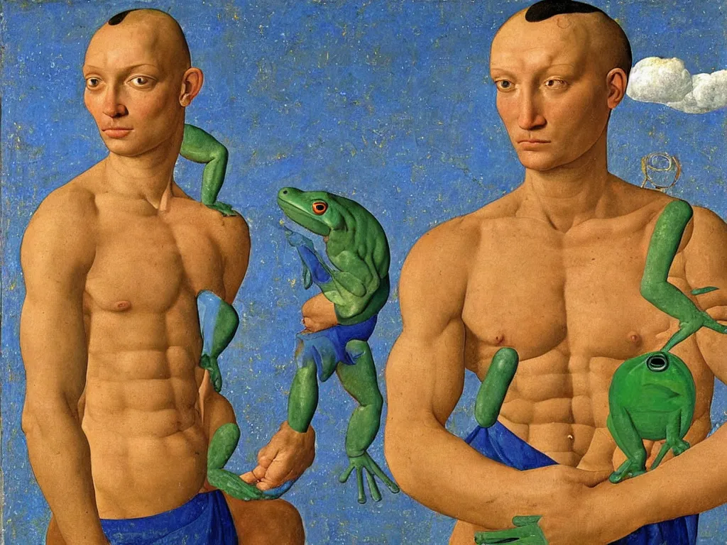 Image similar to portrait of muscular man with frog head. lapis lazuli, malachite, turqouise, gold. painting by piero della francesca, balthus, agnes pelton