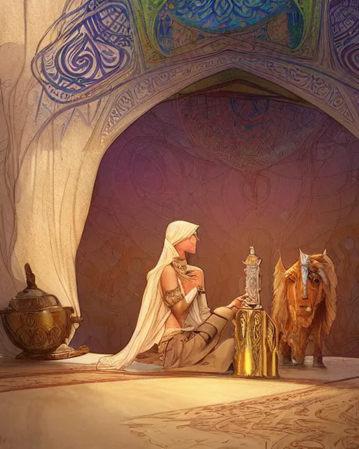 Image similar to bedouin in the desert worshipping in the mosque, highly detailed, gold filigree, romantic storybook fantasy, soft cinematic lighting, award, disney concept art watercolor illustration by mandy jurgens and alphonse mucha and alena aenami, pastel color palette, featured on artstation