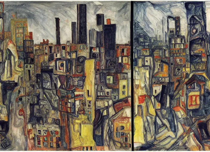 Image similar to a San-Francisco cityscape, houses, trees and hell in style of Chaim Soutine, Egon Schiele city drawings and Frank Auerbach and Bosch