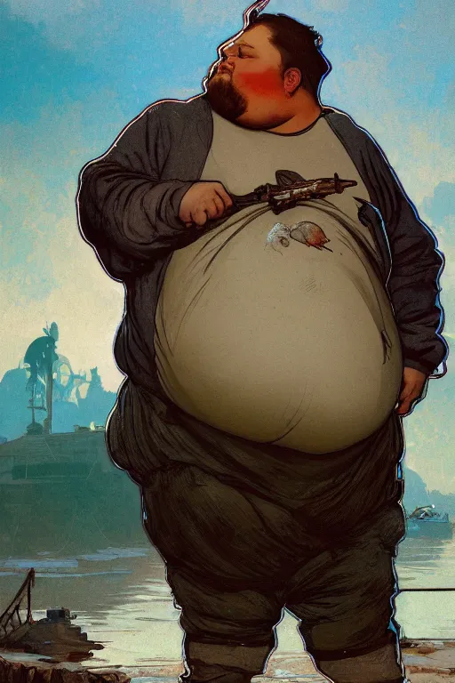 Image similar to fullbody portrait of a fat man wuth fish - like features, dressed with old dirty clothes, soft light, by greg rutkowski and alphonse mucha, in front of an olf fishing village background, highly detailed portrait, digital painting, artstation, concept art, smooth, sharp focus illustration