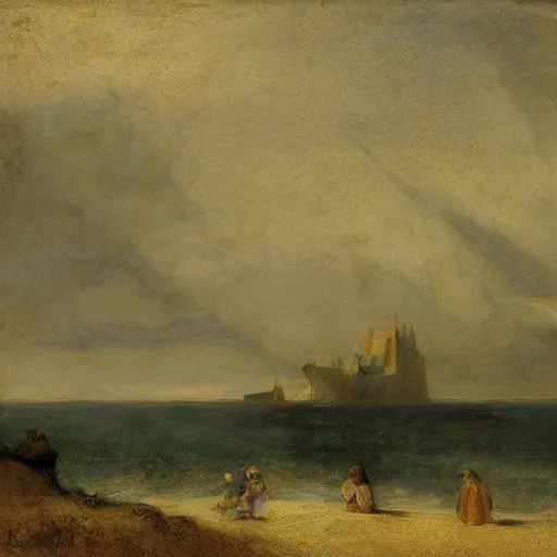 Prompt: sand castles by the sea, by rembrandt,