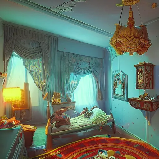 Image similar to 80s gaming kid's bedroom:: by beeple and James Gilleard and Justin Gerard :: ornate, dynamic, particulate, intricate, elegant, highly detailed, centered, artstation, smooth, sharp focus, octane render, 3d