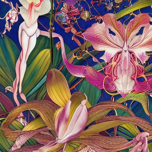 Prompt: majestic colorful orchid mantis enamel by leon bakst and yoshitaka amano, cloisonne, beautiful hyperdetailed art nouveau orchids, james jean, amanda sage