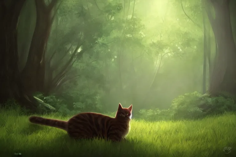 Prompt: a forest with a cat, trending on artstation, by wayne mcloughlin, backlighting