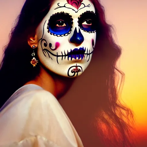 Image similar to photographic portrait of a stunningly beautiful renaissance day of the dead female in soft dreamy light at sunset, contemporary fashion shoot, by edward robert hughes, annie leibovitz and steve mccurry, david lazar, jimmy nelsson, breathtaking, 8 k resolution, extremely detailed, beautiful, establishing shot, artistic, hyperrealistic, beautiful face, octane render