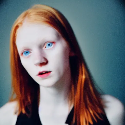 Image similar to photograph, closeup polaroid photo of a young pale woman with shoulder length ginger hair in a dark room, blue eyes, no makeup, wearing a black tshirt, flash photography, indoor setting, high contrast, sharp, trending on tumblr,