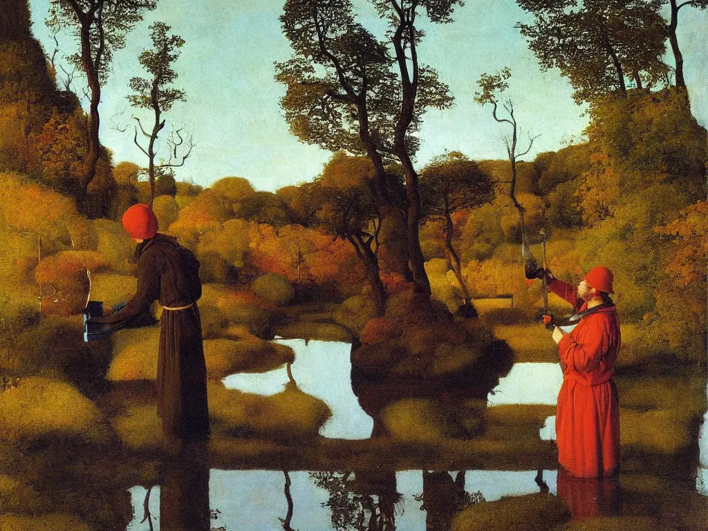 Prompt: Portrait of a young painter washing his brush in a river. Humanoid rocks, coral-like pebbles, autumn light. Painting by Jan van Eyck, Georges de la Tour, Rene Magritte, Jean Delville, Max Ernst