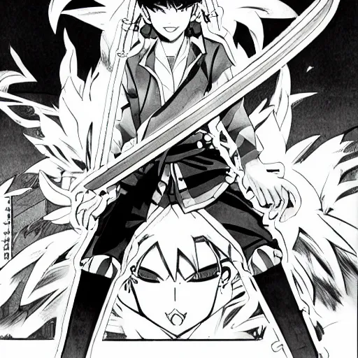 Image similar to young anime hero with a sword, illustrated by mato and ken sugimori, manga, black and white illustration