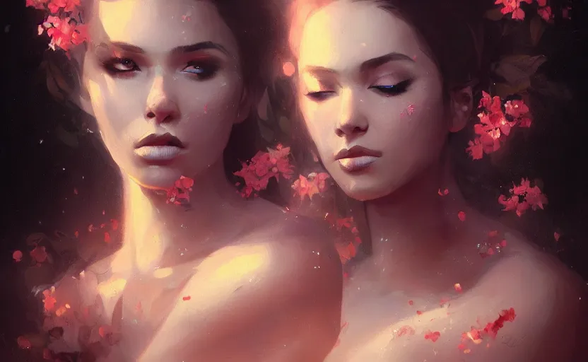 Prompt: a painting of jasmine trending on artstation in the style of greg rutkowski, beautiful, sensual, flower, portrait, adorable, alter, hell, fire hair