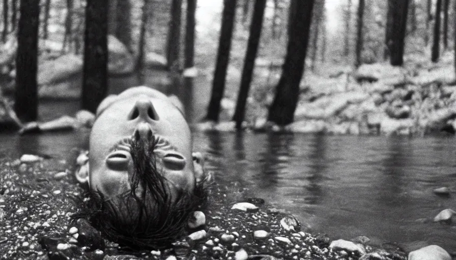 Prompt: 1 9 6 0 s movie still close up of skinny marcus aurelius with open mouth frozen to death in a river with gravel, pine forests, cinestill 8 0 0 t 3 5 mm b & w, high quality, heavy grain, high detail, texture, dramatic light, anamorphic, hyperrealistic, foggy