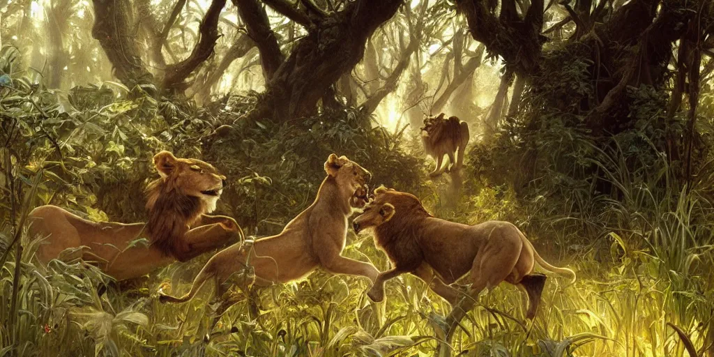 Prompt: lion chasing a deer in the jungle, highly detailed, digital painting, artstation, concept art, smooth, sharp focus, illustration, art by artgerm and greg rutkowski and alphonse mucha