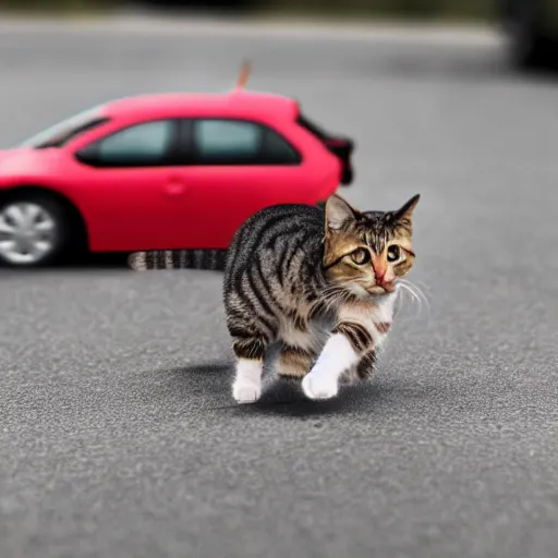 Image similar to cat driving a tiny car being chased by a dog, photo, detailed, 4k