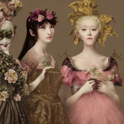 Image similar to 8k, octane render, realism, tonalism, renaissance, rococo, baroque, group of creepy young ladies wearing long flowers and skull dress, harajuku manga, background chaotic gold leaf flowers