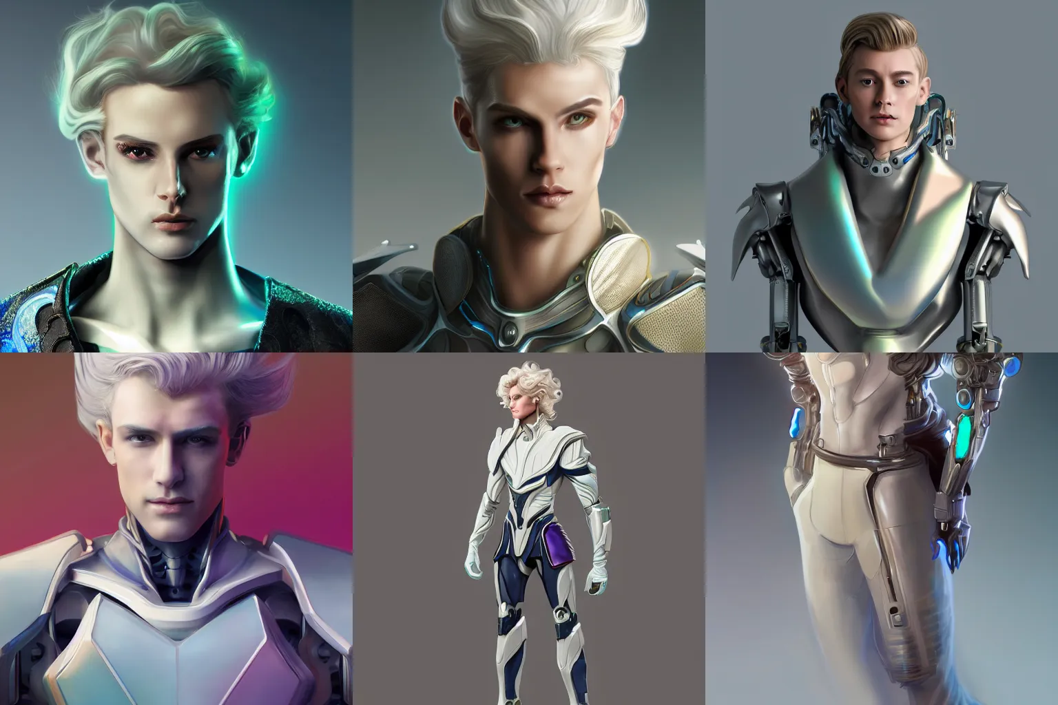 Prompt: concept art of a handsome porcelain opalescent cyborg prince with hip handles and lustrous long blond curly hair , featured on artstation 8K HD
