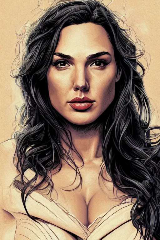 Prompt: a portrait of sexy gal gadot with long hair, drawn by robbie trevino and dan mumford, poster, digital art, comic art, concept art,, single head, no double head,