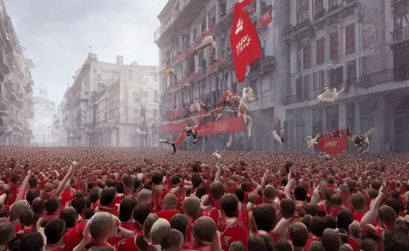 Prompt: greta thunberg running in san fermines chased by bulls, highly detailed, cinematic, 8 k resolution, beautiful detailed, octane render, unreal engine, ramon masats style,