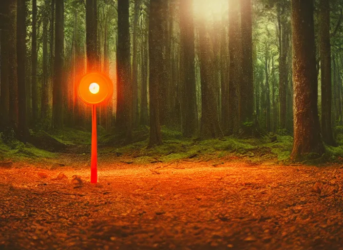 Image similar to a forest with an orange cone scattered about, cinematic photo, atomspheric lighting, 2 4 mm lens, unreal, octane render, detaileld sharp, masterpiece, dynamic, surreal