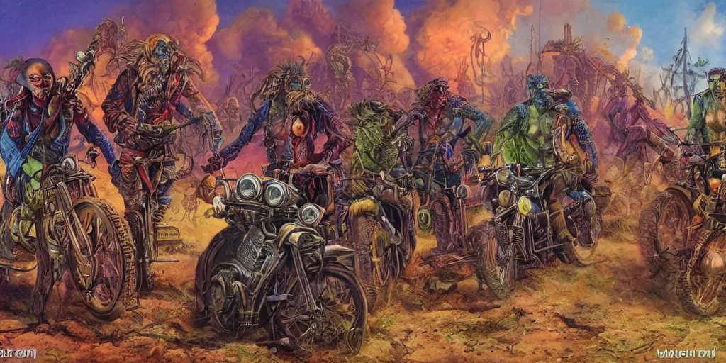 Prompt: psychedelic post apocalyptic orcish biker gang, sharp focus, psychedelic colors, boris vallejo, michael whelan, 8 k, elegant, intricate