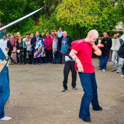 Prompt: people sword fighting at real estate auction, cinematic mid shots, high saturation color, where's wally