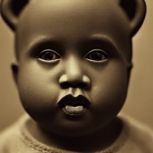 Image similar to Portrait studio photograph of baby Kanye West with a anthropomorphic teddy bear, close up, shallow depth of field, in the style of Felice Beato, Noir film still, 40mm