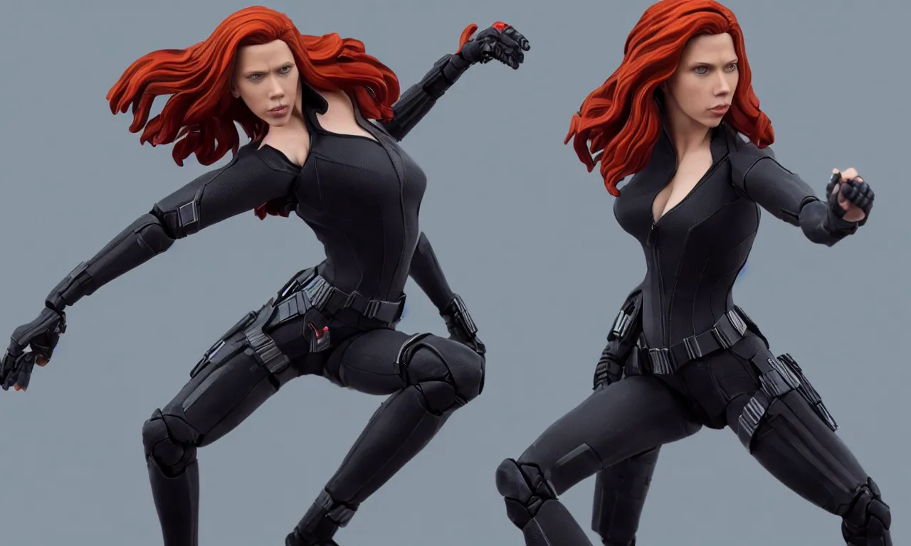 Image similar to action figure of Black Widow Scarlett Johansson in a dynamic pose, full subject in frame, deep color, low key lighting, cinematic lighting, artstation trending,