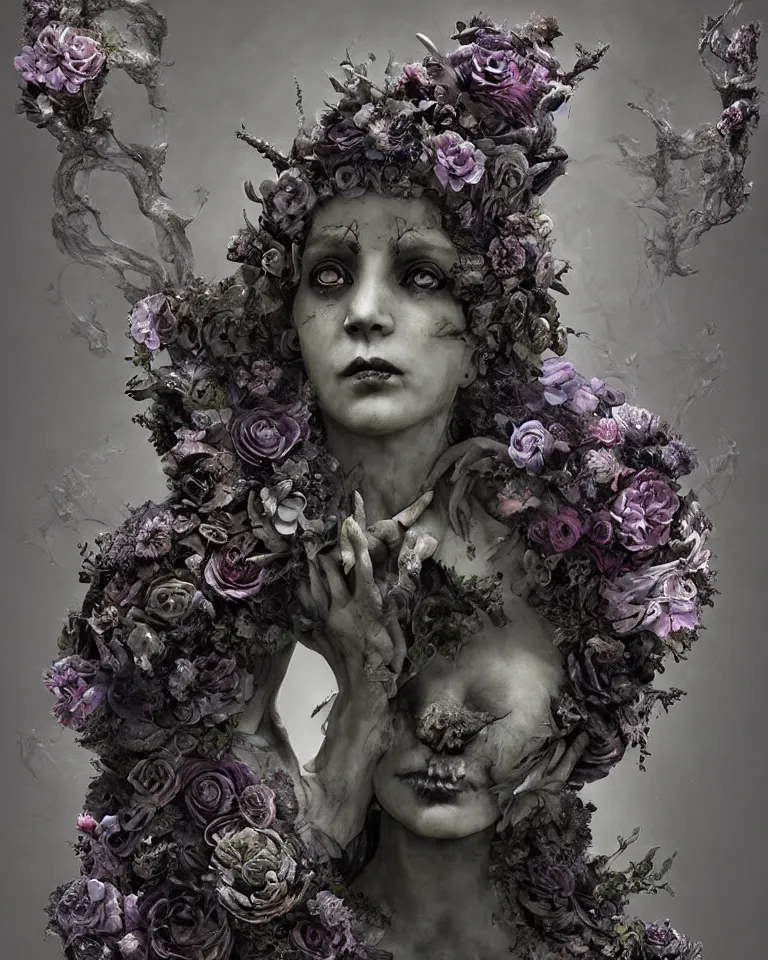 Image similar to portrait of a gothic cemetery statue made of mist and flowers breaking apart and mutating into mist, cosmic horror, Andrew Ferez, Charlie Bowater, Marco Mazzoni, Seb McKinnon, Ryohei Hase, Alberto Seveso, Kim Keever, trending on cgsociety, featured on zbrush central, new sculpture, mystical