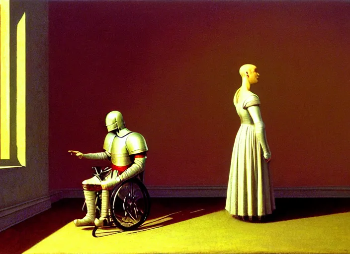 Prompt: knight in armor in a wheelchair do tricks & watch old tv, rome, highly detailed, soft lighting, elegant, by edward hopper and james gillard, zdislaw beksinski, stephen outram, andreas m wiese, carl spitzweg, highly detailed, masterpiece, unreal 6, 8 k