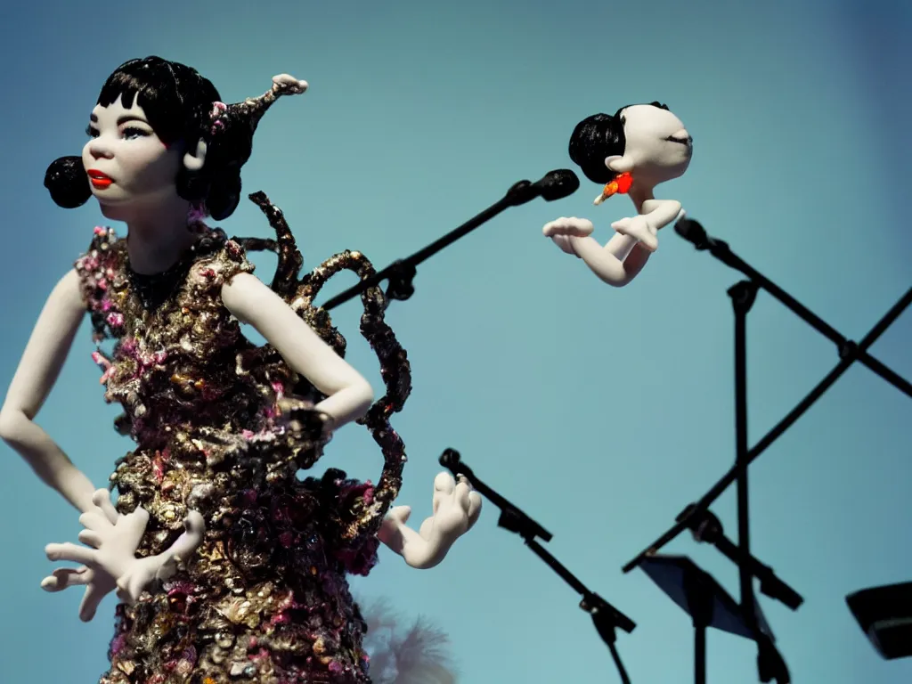 Image similar to a cinematic film still of a claymation stop motion film, bjork in concert, shallow depth of field, 8 0 mm, f 1. 8