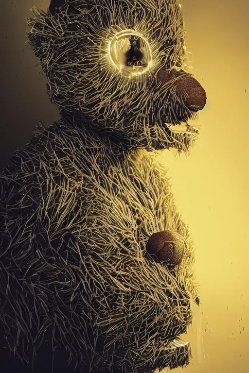 Prompt: portrait of a creepy horror carbon monoxide, teddy bear with mask . intricate abstract. intricate artwork. nightmare fuel. terrifying. by Tooth Wu, wlop, beeple, dan mumford , trending on artstation, greg rutkowski very coherent symmetrical artwork. cinematic, hyper realism, high detail, octane render, 8k, iridescent accents