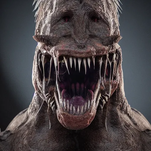 Image similar to tall bipedal creature in the darkness, claws, large long pointy teeth, drooling, cavern, low lighting, highly intricate, detailed, 8 k, octane render