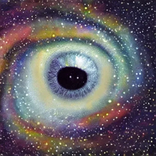 Prompt: a highly detailed photorealistic painting of a ( ( ( human eye ) ) )!!!!!!! reflecting the milky way galaxy