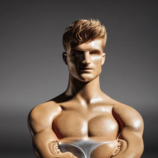 Prompt: a realistic detailed photo of a guy who is an attractive humanoid who is half robot and half humanoid, who is a male android, soccer players timo werner, shiny skin, posing like a statue, blank stare, in a factory, on display, showing off his muscles, gold soccer shorts, side view