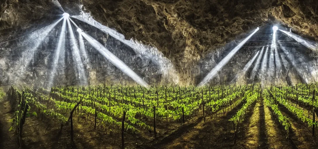 Prompt: large city in underground large cave, vines, god rays shot from far away