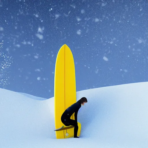 Prompt: man surfing a yellow surfboard down a snowy mountain, high quality digital art, unreal engine, cinematic lighting