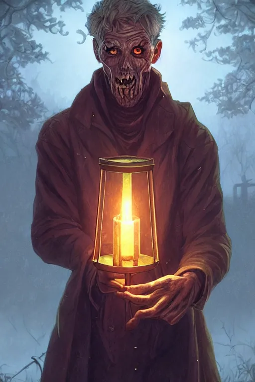 Prompt: male senior holding a lantern in a cemetery several zombies, highly detailed, digital painting, artstation, concept art, smooth, sharp focus, illustration, art by artgerm and greg rutkowski and alphonse mucha and andrei riabovitchev