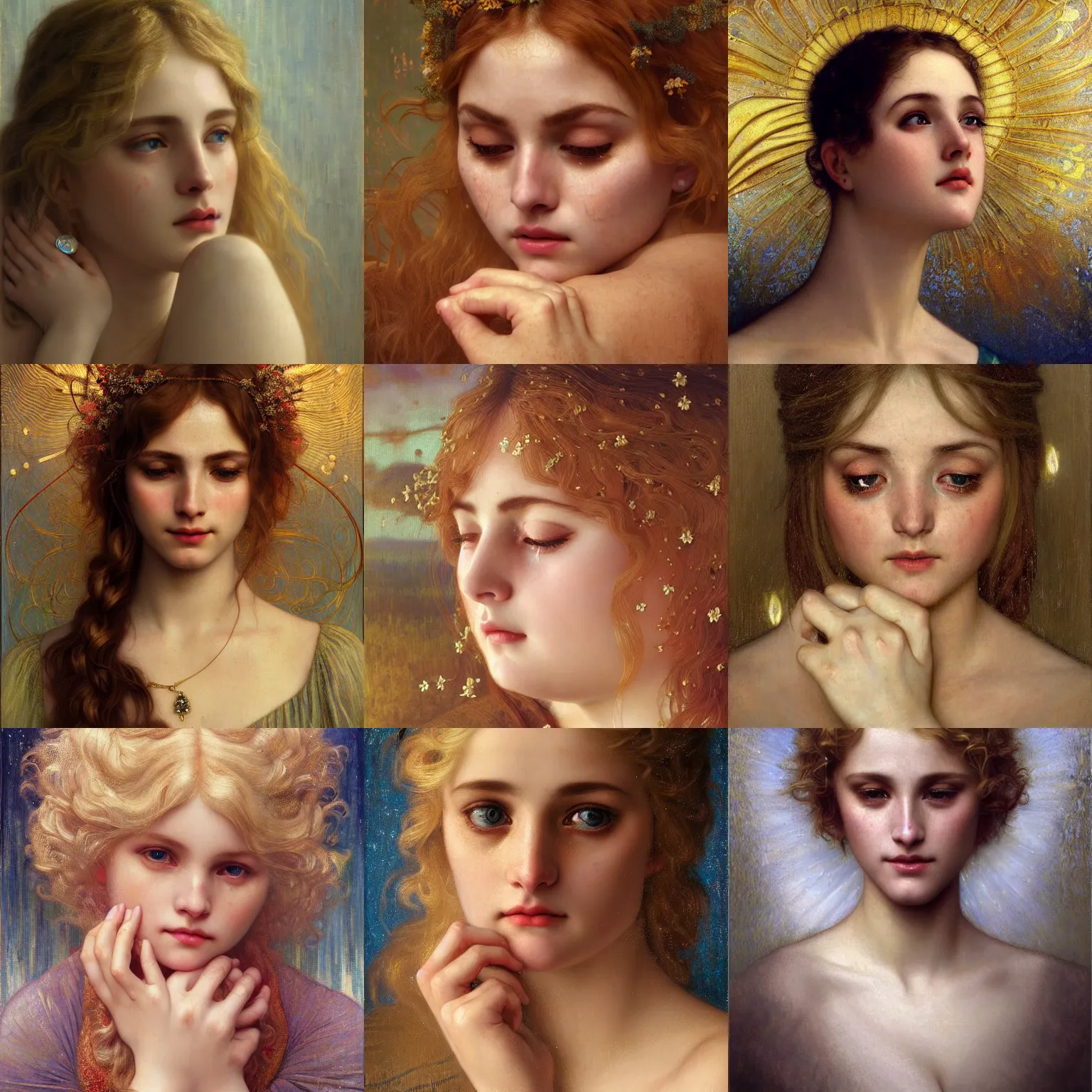 Prompt: highly detailed oil painting | very intricate | cinematic lighting | award - winning | a beautiful blonde girl crying back tears | by godward, by tom bagshaw, by j. c. leyendecker and klimt, beautiful cinematic light, american romanticism, by alphonse mucha, artstation, cgsociety, official art, octane