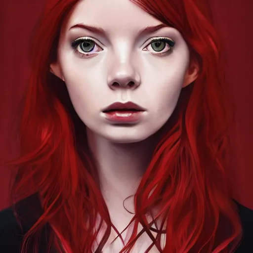 Prompt: A young woman who looks like a mixture between Karen Gillan, Anya Taylor Joy and Thomasin McKenzie, redhead, long and straight hair, wearing red and black utilitarian jumpsuit, scifi, highly detailed portrait, digital painting, artstation, concept art, smooth, sharp foccus ilustration, Artstation HQ.